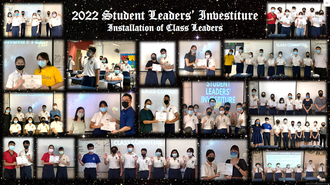 Photo collage of the 2022 Student Leaders Investiture showing masked students holding certificates in classrooms.